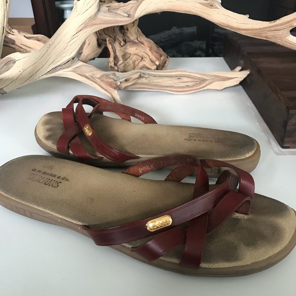 DRAFT Bass SHARON Leather Strappy Slide Sandal Red Brown Casual Earthy Festival